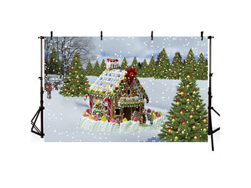 Cartoon Green Christmas Tree And Gingerbread House Backdrop IBD-246951